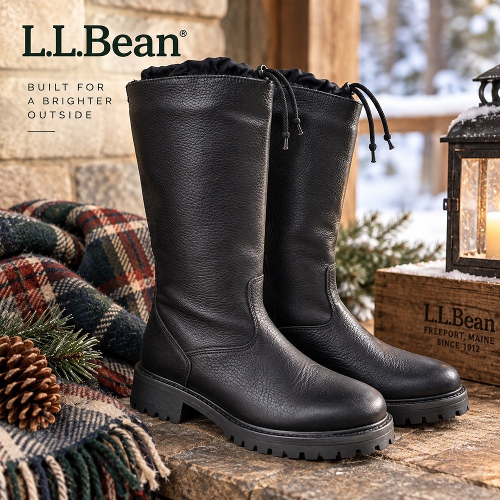 LL Bean Black Pebbled Leather Tall Lug Sole Boots Size 6.5 M ODX1204